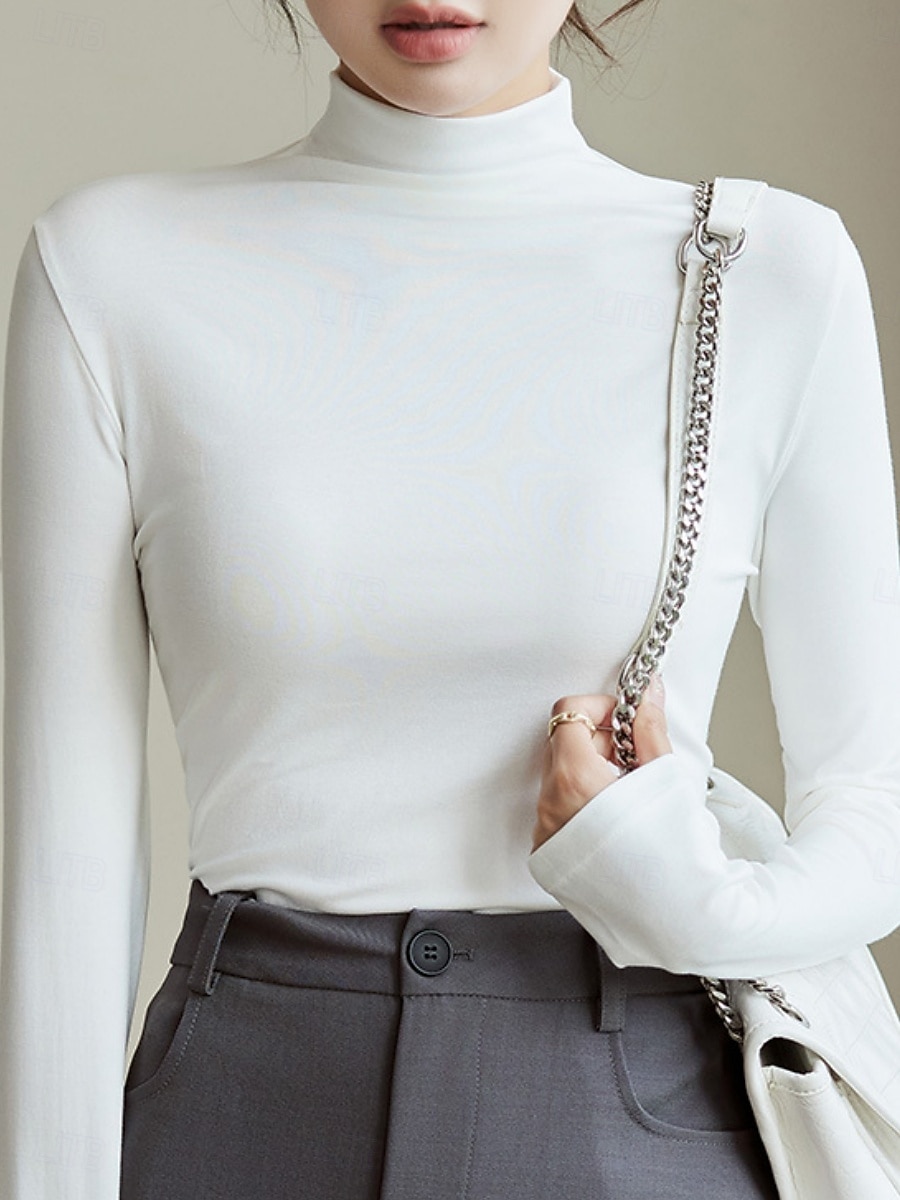 Per donna Blusa Tinta unica Elegante Essenziale Casual Manica Lunga Dolcevita Top Regolari Quotidiano Nero Bianco Rosa Marrone Beige Primavera Autunno Inverno del 2025 a $16.99 –P2