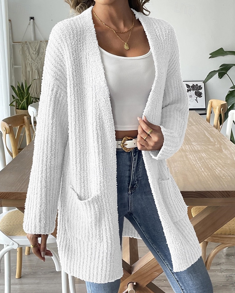 Жен. Вязаная ткань Кардиган Уличный стиль На каждый день Сплошной цвет Открытый перед Карман Трикотаж Длинный рукав Обычные топы Вязать Повседневные На выход выходные Черный Белый Осень Зима 2025 - $39.99 –P10