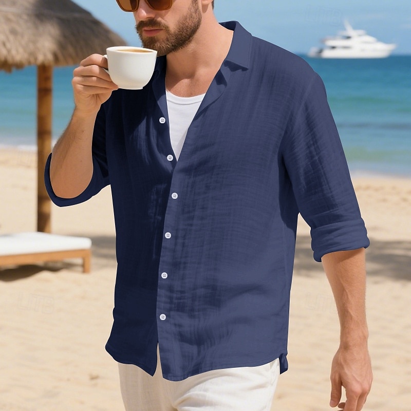 Herren Hemd Leinenhemd Freizeithemd Knopfhemd Baumwollhemd Einfach Urlaub Hawaiianisch Schwarz Weiß Gelb Marineblau Langarm Revers Frühling Herbst Bekleidung 2025 - $19.49 –P9