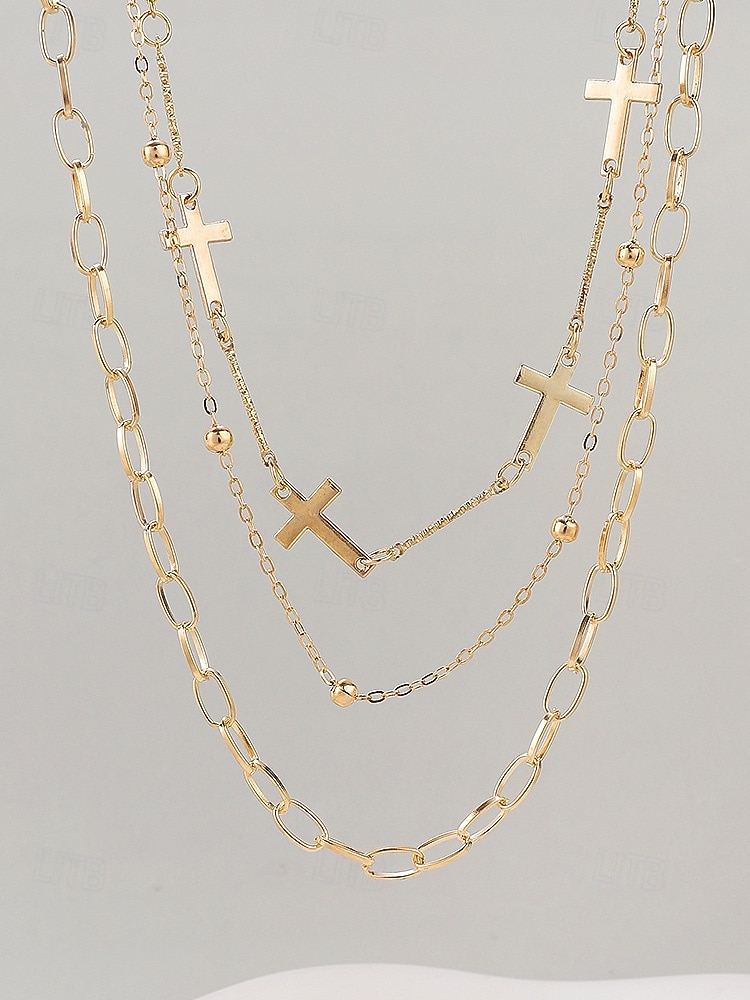 Collar de cruz navideña para mujer, cadena de oro en capas con colgante de perla y diamantes de imitación, elegante joyería navideña para fiestas, bodas y regalos. 2026 - $5.99 –P9