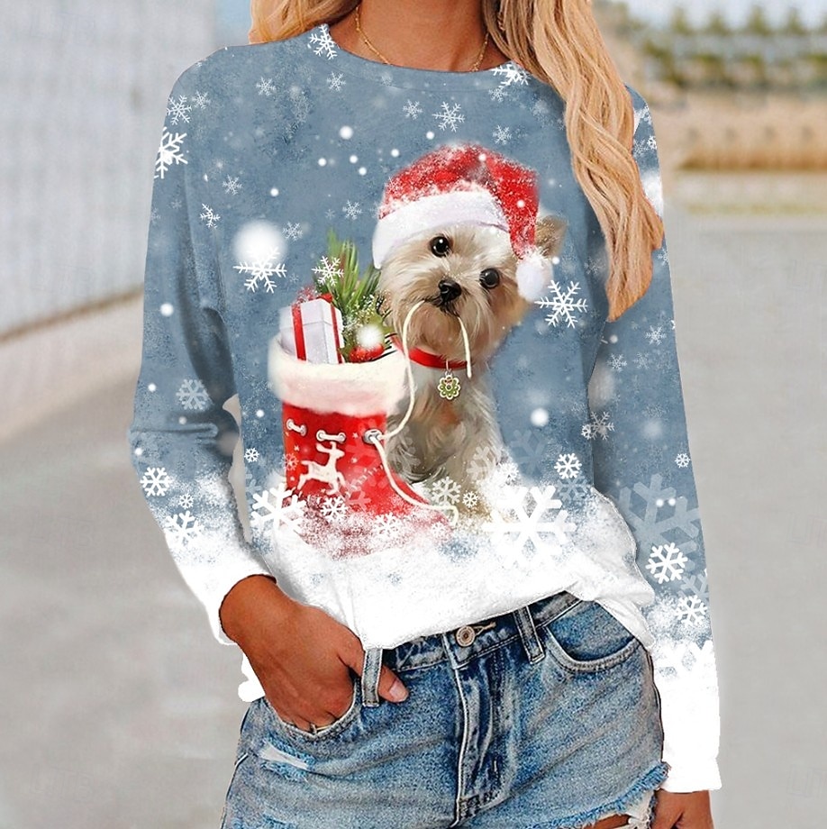 Noël Femmes T-shirt Graphique Chien Noël ancien Mode Élégant manche longue Col ras du cou Col rond Hauts Réguliers Quotidien Week-end Imprimé Bleu Violet Fuchsia Vert Kaki Automne Hiver de 2025 ? $23.99 –P1