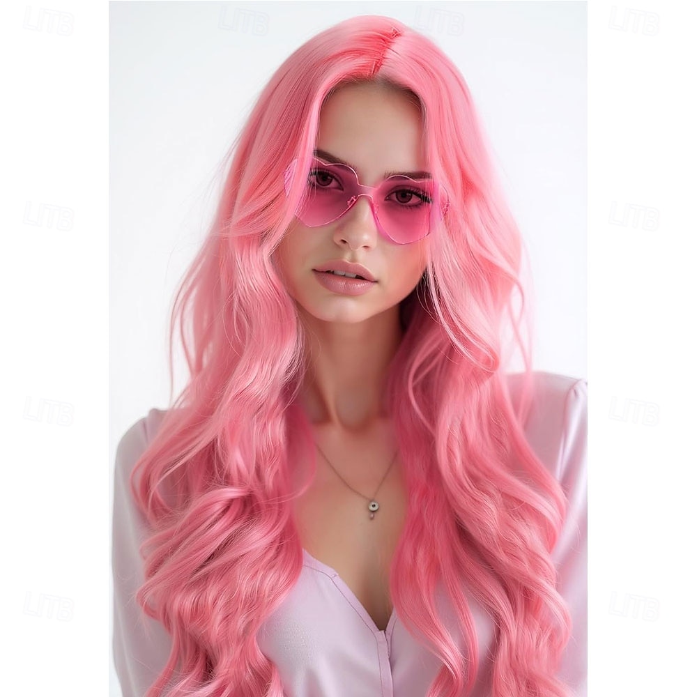 Peruca ondulada de 23,62 polegadas de comprimento, parte do meio para mulheres e óculos de sol para festa, perucas onduladas e cacheadas com óculos neon para mulheres - perucas para despedida de de 2025 por $21.99 –P2