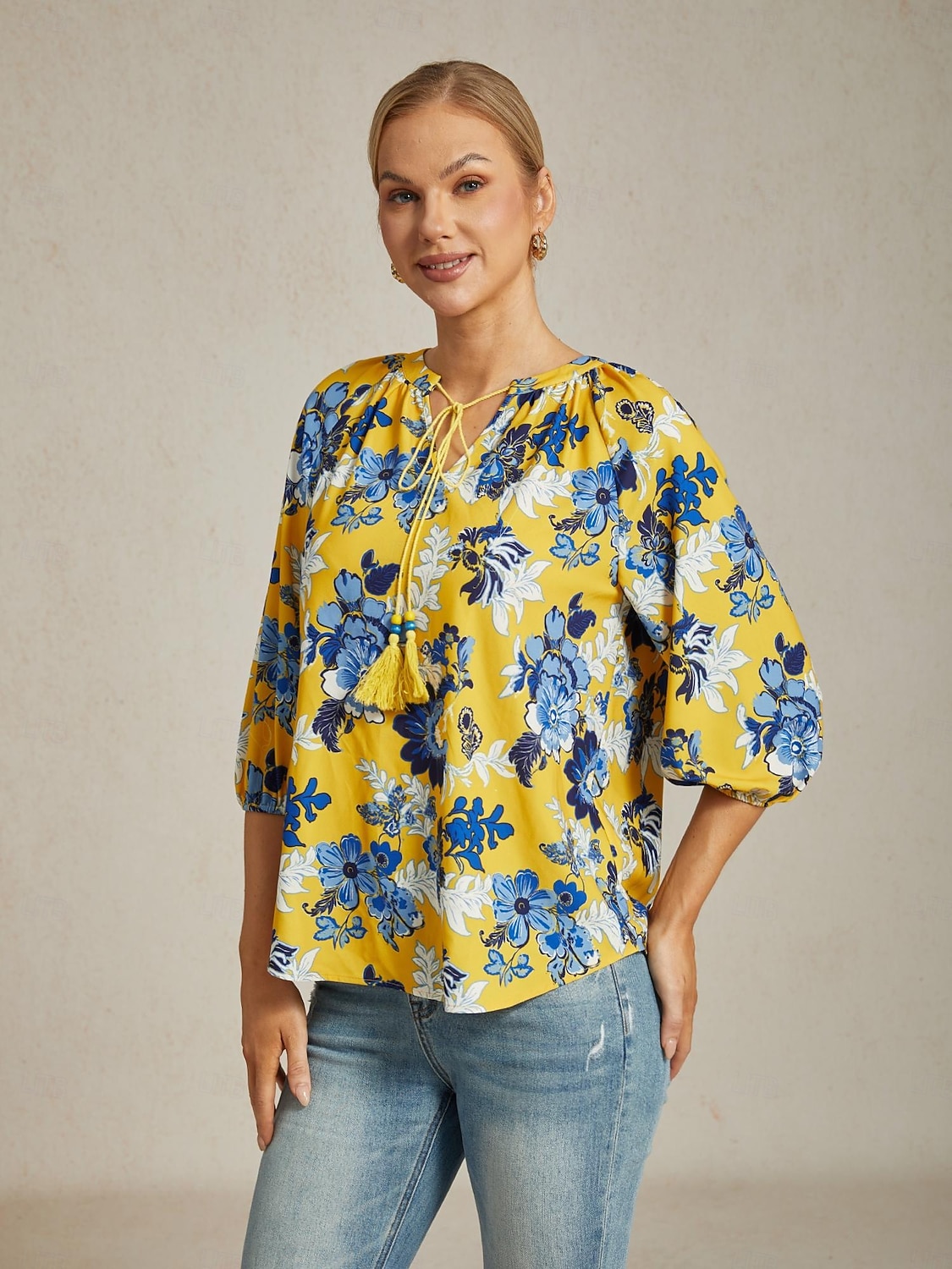 Per donna Femminile Camicia casual Floreale Casuale Corte Giallo Floreale Manica 3/4 Vacanza Scollo a V del 2026 a $67.99 –P4