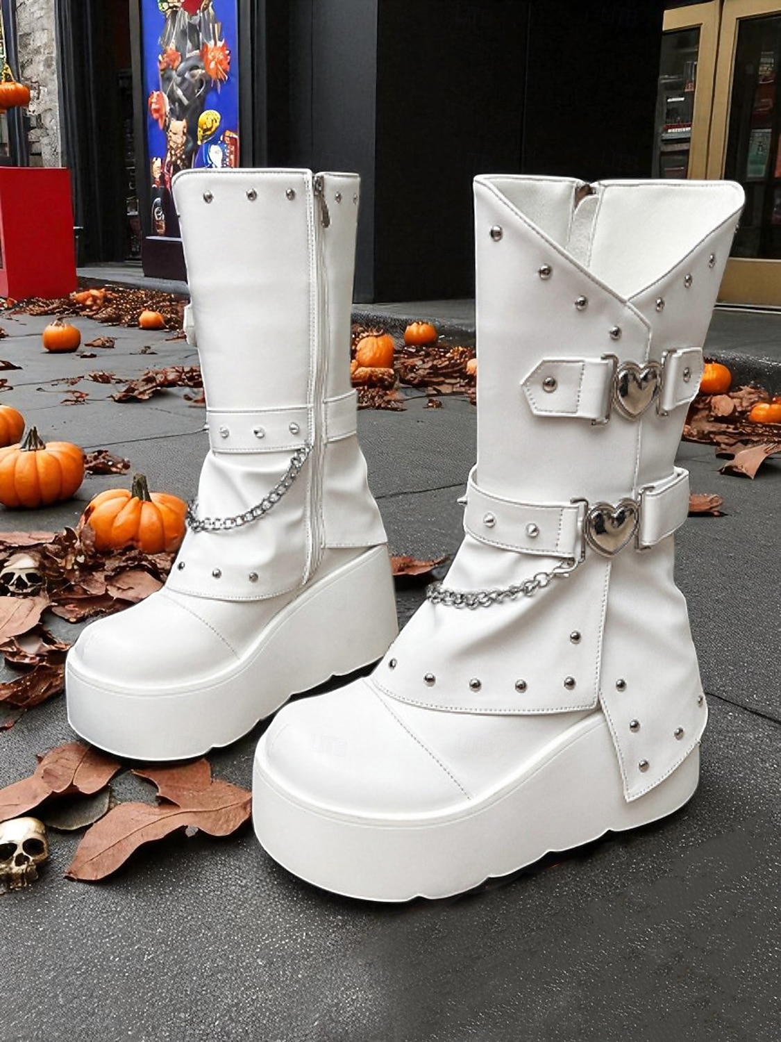 Dámské gotické kozačky na platformě do poloviny lýtek, punk rock, nýtový řetízek, černobílé boty na halloweenskou párty, cosplay kostým, noční klub, streetwear a gotickou módu 2025 - $59.99 –P4