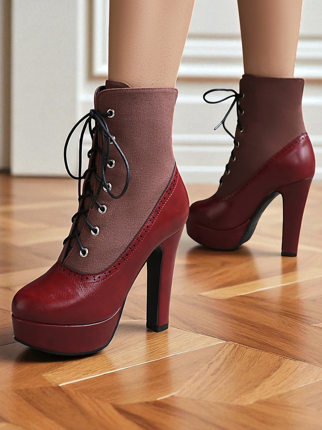 Botas femininas de salto alto com cadarço cor de vinho – botinhas plataforma estilo brogue vintage com painel de lona para festa e moda de outono de 2025 por $59.99 –P6