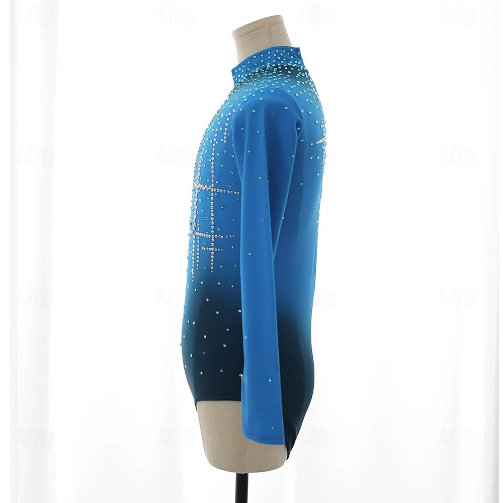 Figure Skating Top Men's Boys' Ice Skating Tops Blue Patchwork Spandex High Elasticity Training Competition Skating Wear Classic Crystal / Rhinestone Long Sleeve Ice Skating Figure Skating 2026 - $338.09 –P5