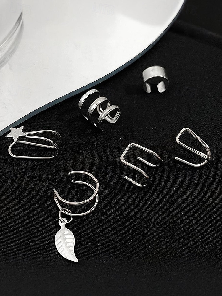 Женский комплект из золотых и серебряных сережек-каффов – серьги-клипсы без пирсинга с рисунком в виде звезд и листьев, модные украшения в стиле панк для вечеринок и повседневной носки 2026 - $7.99 –P5