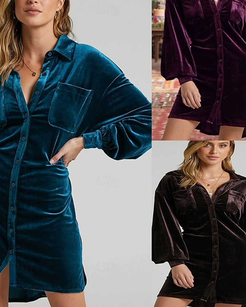 Femmes Robe Midi Robe Décontractée Mode Classique Moderne Extérieur Vacances Fête Coupe régulière Uni manche longue Col de chemise Violet Marron Vert Été de 2025 ? $26.99 –P1