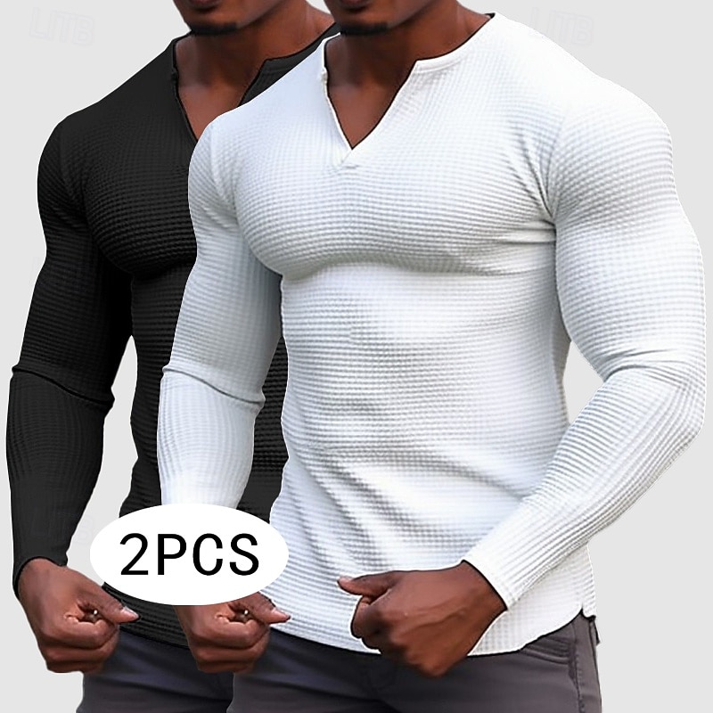 Homens Camisa Waffle Camiseta T-shirt Camisa de manga longa Manga Longa Decote V Henley Primavera & Outono Todas as Estações Tecido Moda Designer Básico 2 Peças Multi-pack Férias Rua Casual C D E Top de 2026 por $32.99 –P1
