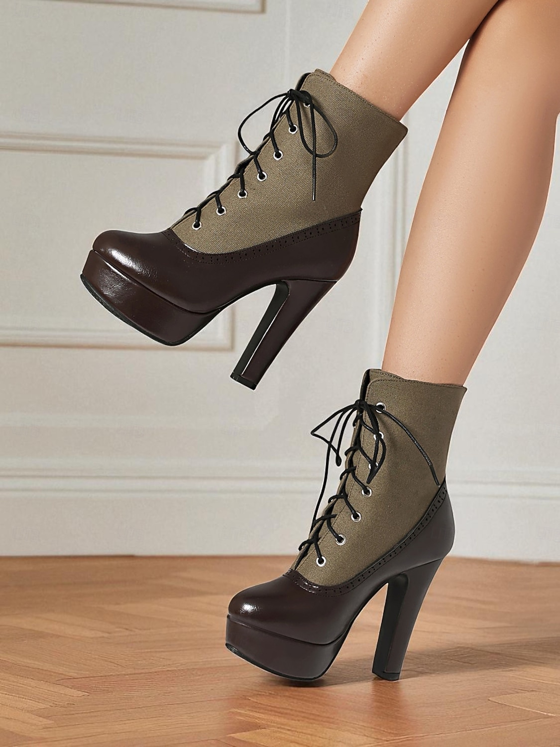 Botas femininas de salto alto com cadarço cor de vinho – botinhas plataforma estilo brogue vintage com painel de lona para festa e moda de outono de 2025 por $59.99 –P5