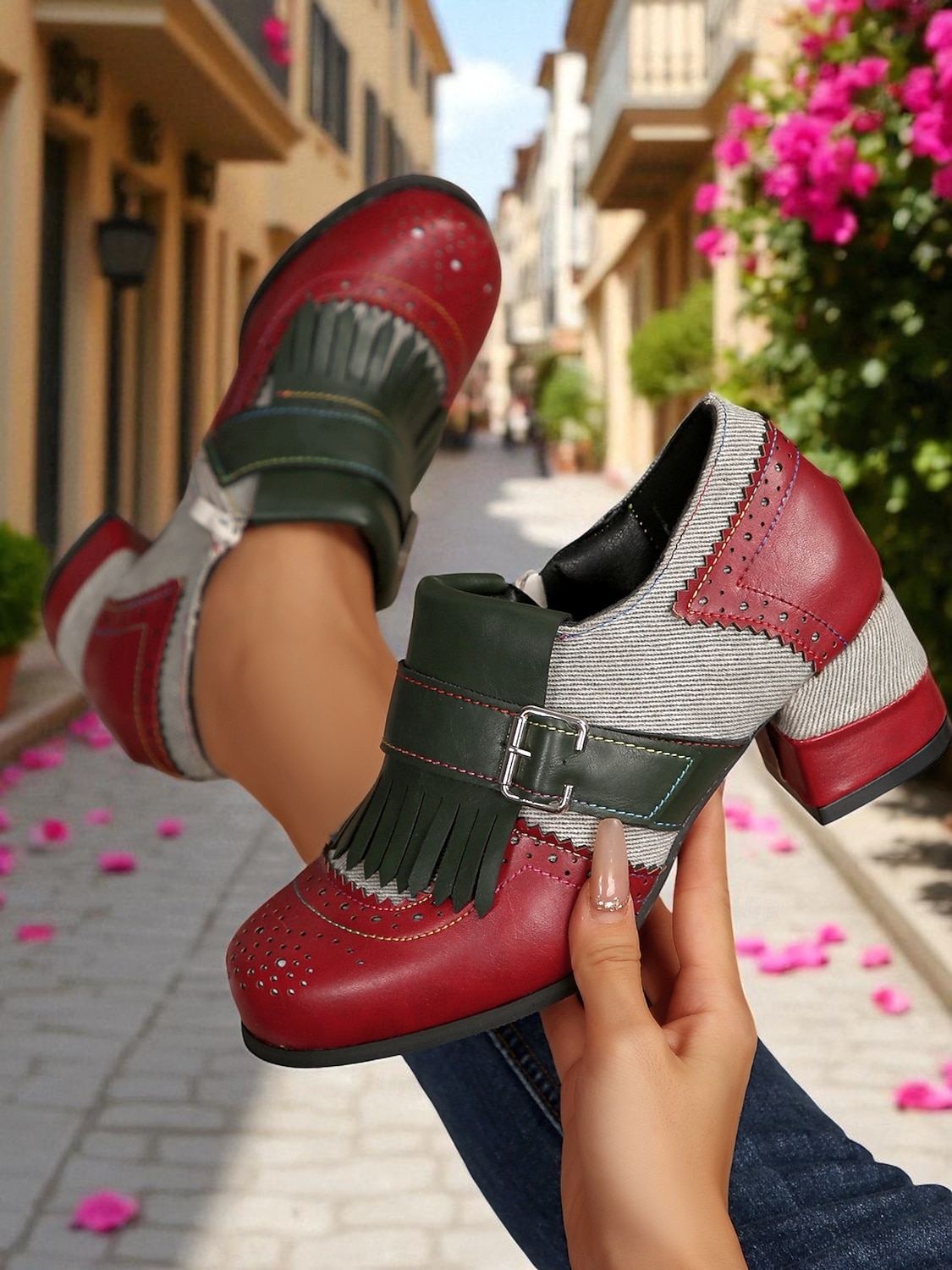 Damen-Oxfords im Retro-Stil der 1950er Jahre mit T-Riemen und Blockabsatz und Fransen, einzigartiges Farbblockdesign für den Freizeit-, Alltags- und Streetstyle. 2026 - $46.99 –P4