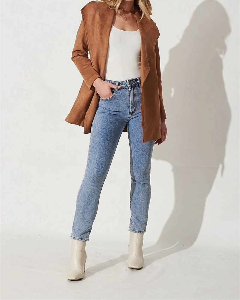 Dam Kavaj Bekväm Lappverk Elegant Mode Utomhus Slät Utekväll Ledigt / vardag Helgen Cardigan Normal Kavajslag Normal Långärmad Ytterkläder Svart Brun Vår Höst 2025 - $26.99 –P2