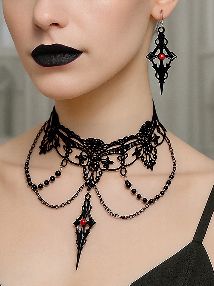 Zestaw damski naszyjnik i kolczyki w stylu gotyckim z koronką na Halloween – czarna koralikowa biżuteria wampirza na imprezę kostiumową i cosplay 2025 - $11.99 –P1