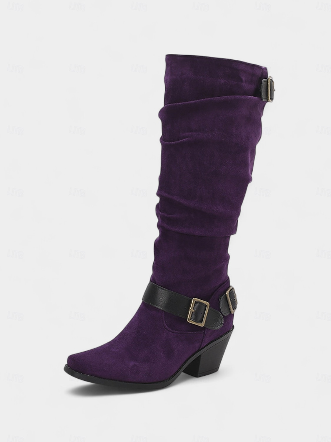 Paarse suède knielaarzen voor dames met gespen – western cowboystijl laarzen met blokhak voor herfstmode, Halloween-outfits en outdoor streetwear 2026 - $69.99 –P3