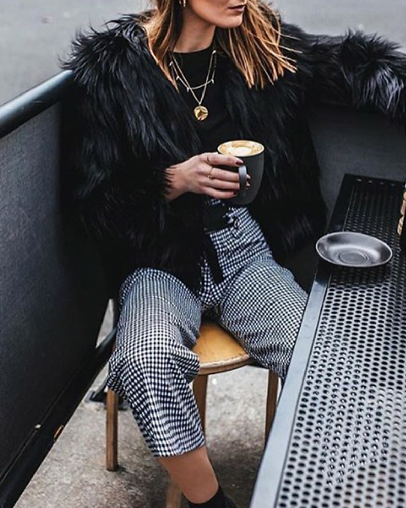 Damen Kunstpelzmantel Warm Bequem Pelze & Leder Mode Einfach Urlaub Straße Ausgehen Wochenende Regulär Rundhalsausschnitt Normale Passform Langarm Oberbekleidung Schwarz Weiß Rosa Herbst Winter 2025 - $39.99 –P7