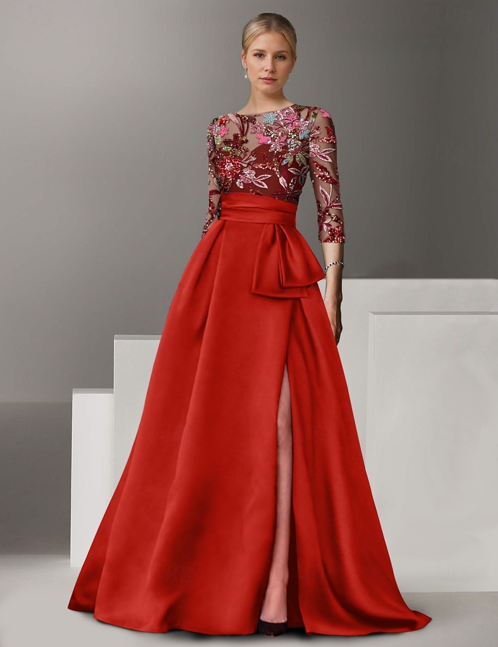 Abito da Sera A-Line Ricamato Floreale Elegante Formale Matrimonio Lungo Fino al Pavimento Mezza Manica Collo a Camicia di Satin con Fiocco(e) Spacco del 2025 a $159.99 –P12