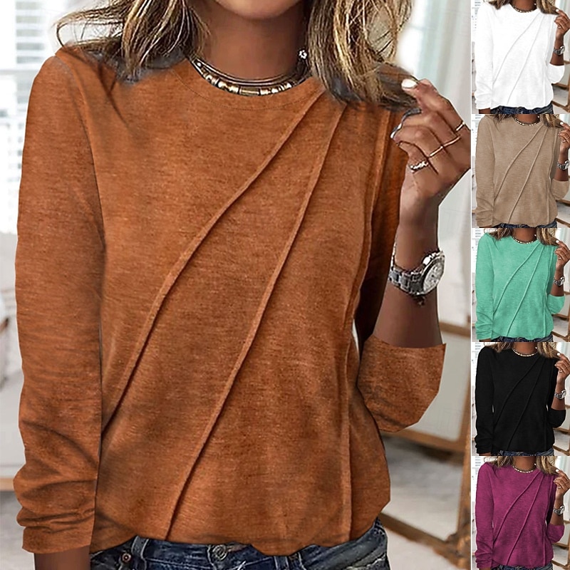 Women's Shirt Blouse Solid Color Vintage Stylish Classic Long Sleeve Crew Neck Regular Tops Daily Black White Purple Orange Green Spring Fall 2026 - $27.99 –P1