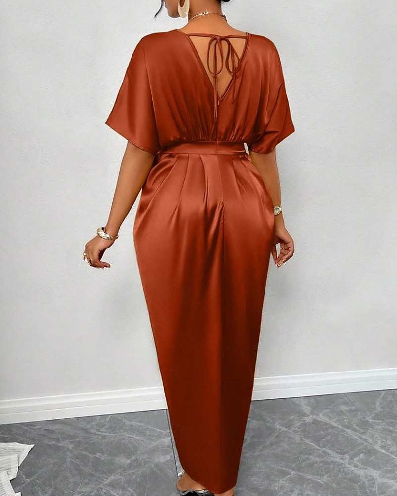 Femmes Robe Longue Maxi Robe Robe de Soirée Robe de Cocktail Robe en Satin Élégant Moderne Soirée Coupe régulière Uni Manche Courte Col en V Noir Jaune Bleu Roi Vert foncé Automne Hiver de 2025 ? $34.99 –P20