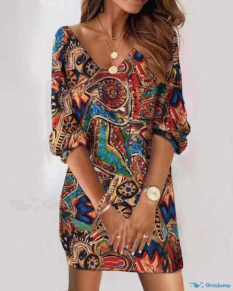 Per donna Mini Abito Abito a Tubino Tubino Festa Casual Boho Quotidiano Compleanno Cocktail party Vestibilità regolare Floreale Grafico Tribale Manica Lunga Scollo a V Marrone Primavera Autunno del 2026 a $29.99 –P1