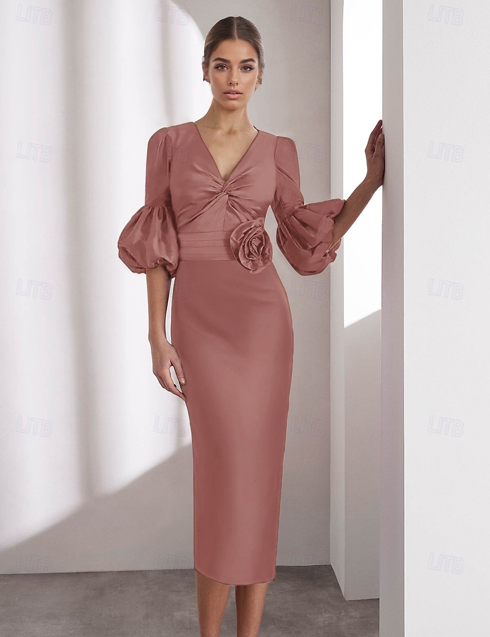 Olasz selyem oszlop koktélruha elegáns formális bokáig érő félhosszú ujjú V-nyakkivágású zsebes selyem csillogással redőzve 2025 - $129.99 –P3