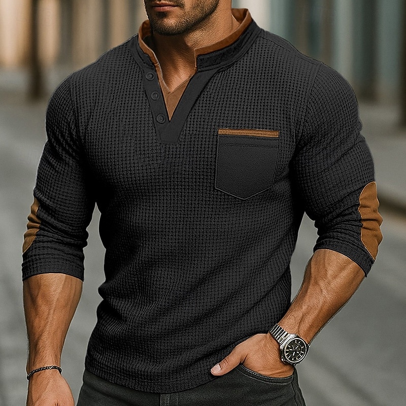 Herr Våffeltröja Waffle Henley Shirt Långärmad Hög krage Vår & Höst Alla årstider Ensfärgat Mode Grundläggande Ledigt Fickor falska två stycken Gata Ledigt Sport Svart Marinblå Armégrön Topp t-shirt 2025 - $21.99 –P7