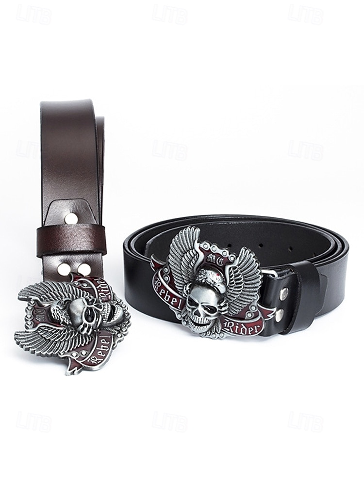 Ceinture en cuir véritable pour homme, motif Halloween, avec boucle tête de mort et aigle – Accessoire style motard gothique punk rock pour fêtes et festivals de 2025 ? $19.99 –P3
