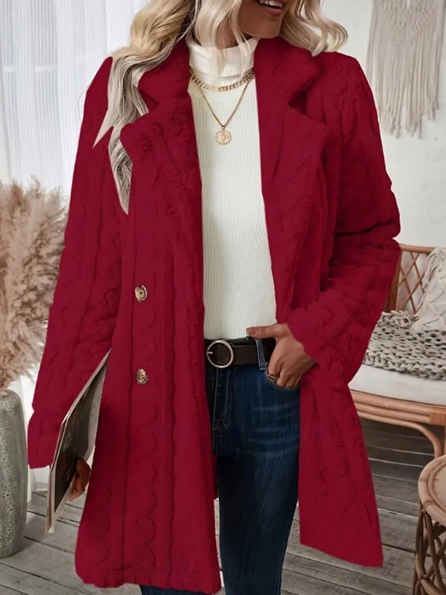 Dames Fleecejack Teddy jas Houd Warm Ademend Zak Met fleece gevoerd Casual Effen Vakantie Straat Casual Alledaagse kleding Dubbele rij knopen Lang Ingesneden revers Normale pasvorm Lange mouw 2025 - $44.99 –P11