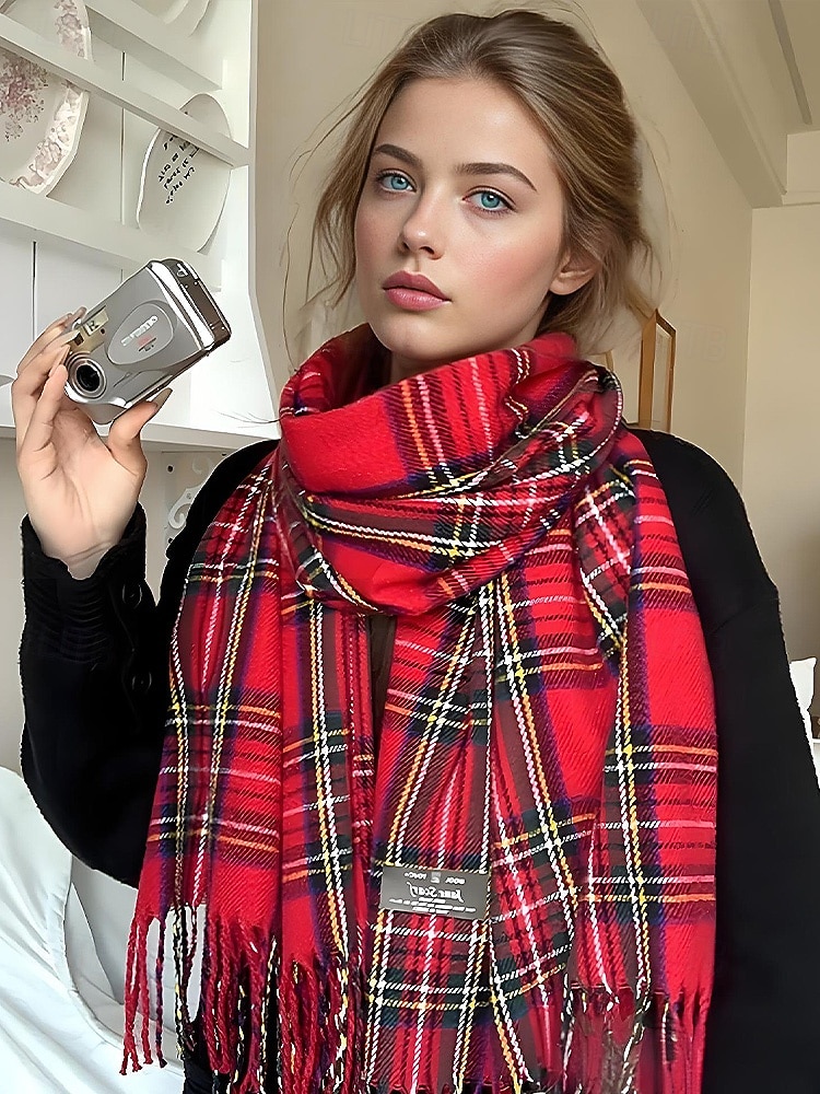 Juleruteskjerf til dame, varmt vinterskjerf med tartan og frynser, koselig motetilbehør til høytidsfester og utendørs bruk 2026 - $18.99 –P3