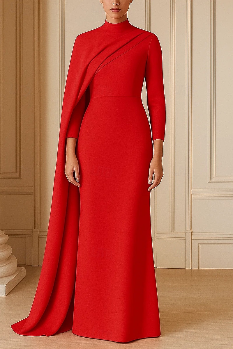 Robe de soirée fourreau/colonne, cape amovible, élégante, robe de soirée, traîne de mariage, manches 3/4, col haut, crêpe extensible avec fronces, 2025 de 2025 ? $139.99 –P4