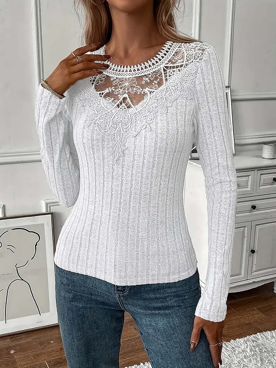 Per donna Blusa Pizzo Patchwork Tinta unica Elegante Essenziale Casual Manica Lunga Girocollo Top Regolari Quotidiano Nero Bianco Rosa Viola Grigio Primavera Autunno Inverno del 2026 a $21.99 –P7