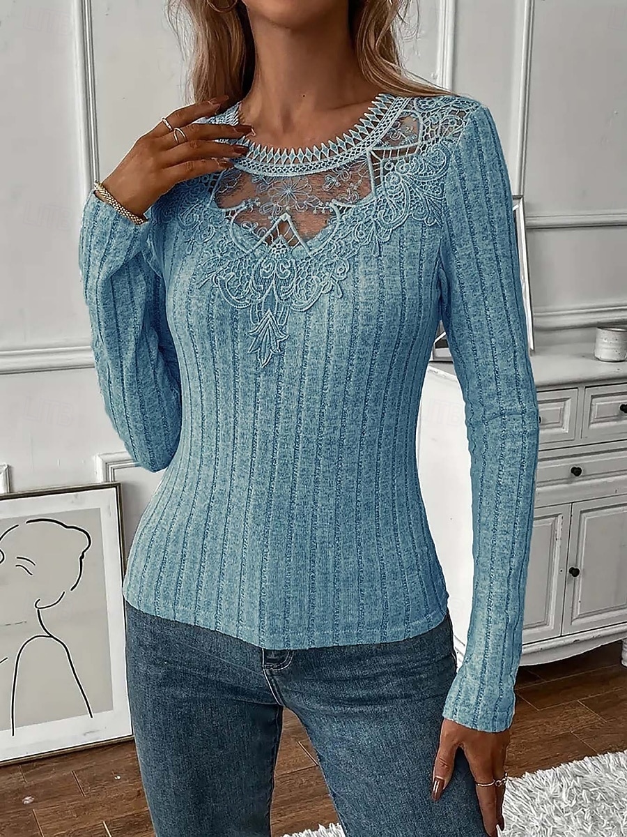 Per donna Blusa Pizzo Patchwork Tinta unica Elegante Essenziale Casual Manica Lunga Girocollo Top Regolari Quotidiano Nero Bianco Rosa Viola Grigio Primavera Autunno Inverno del 2026 a $21.99 –P15
