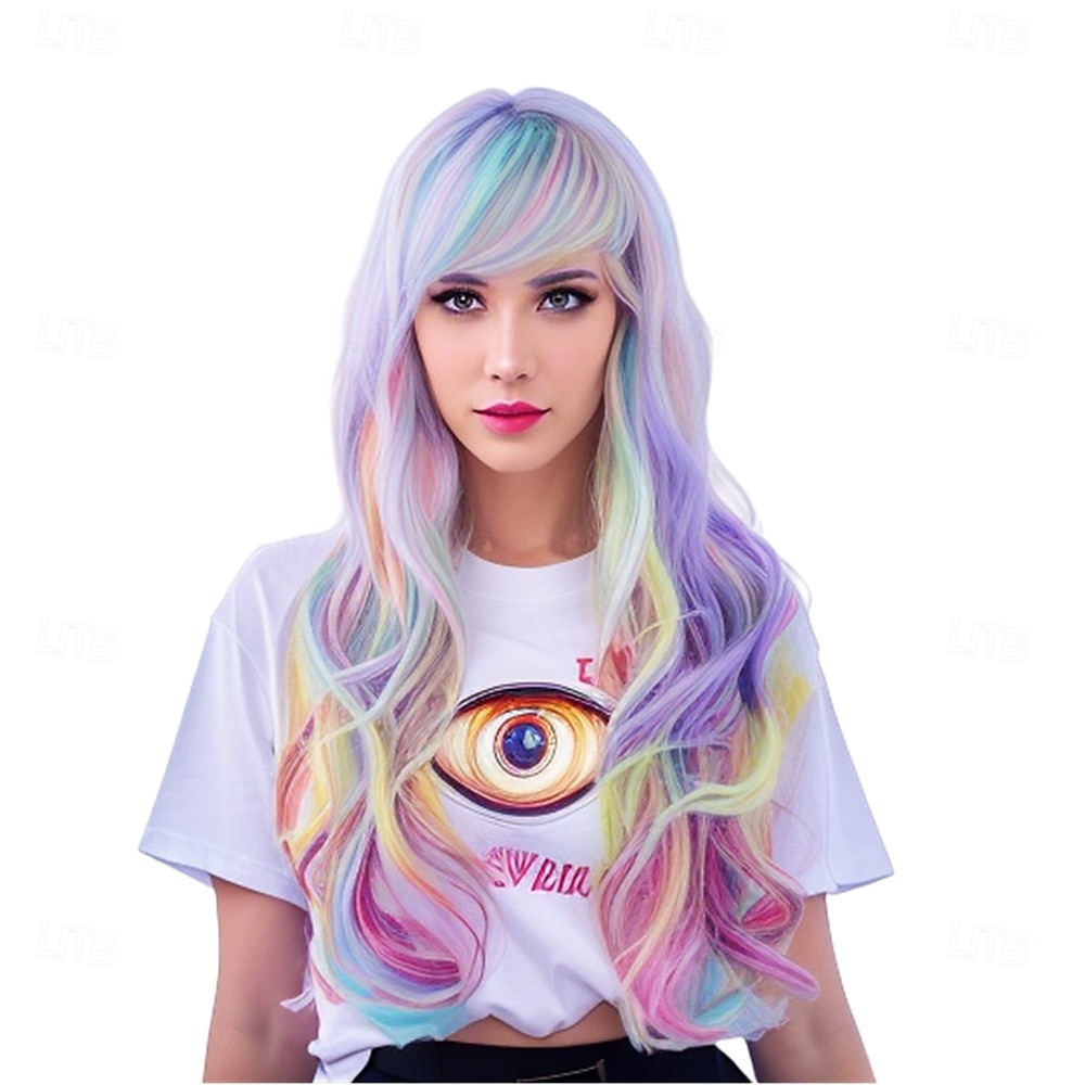 2025年 Rugelyss レインボー カラフルウィッグ 女性用 26インチ ウェーブ ファッション 合成フルヘッドヘアウィッグ 前髪付き コスプレやパーティーに最適  コレクション – $23.99 –P1