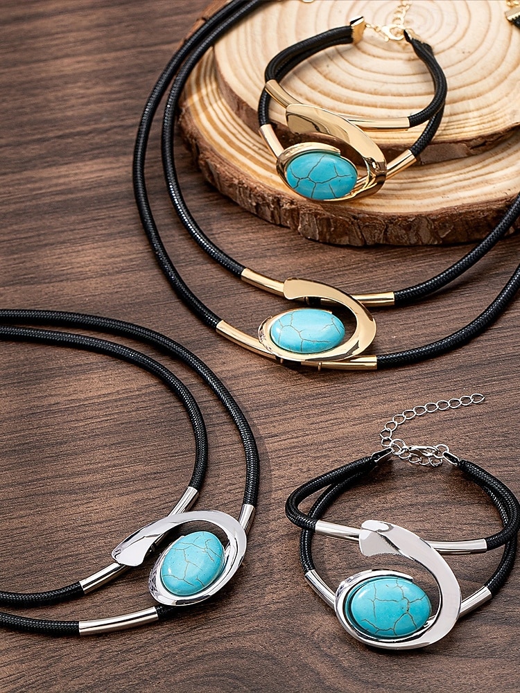 Γυναικείο σετ κοσμημάτων με μποέμ μοτίβο και στροβιλισμό, κολιέ και βραχιόλι με τιρκουάζ σχέδια σε κομψό χρυσό και ασημί, ιδανικό για πάρτι, γάμους και δώρα 2025 - $5.99 –P9