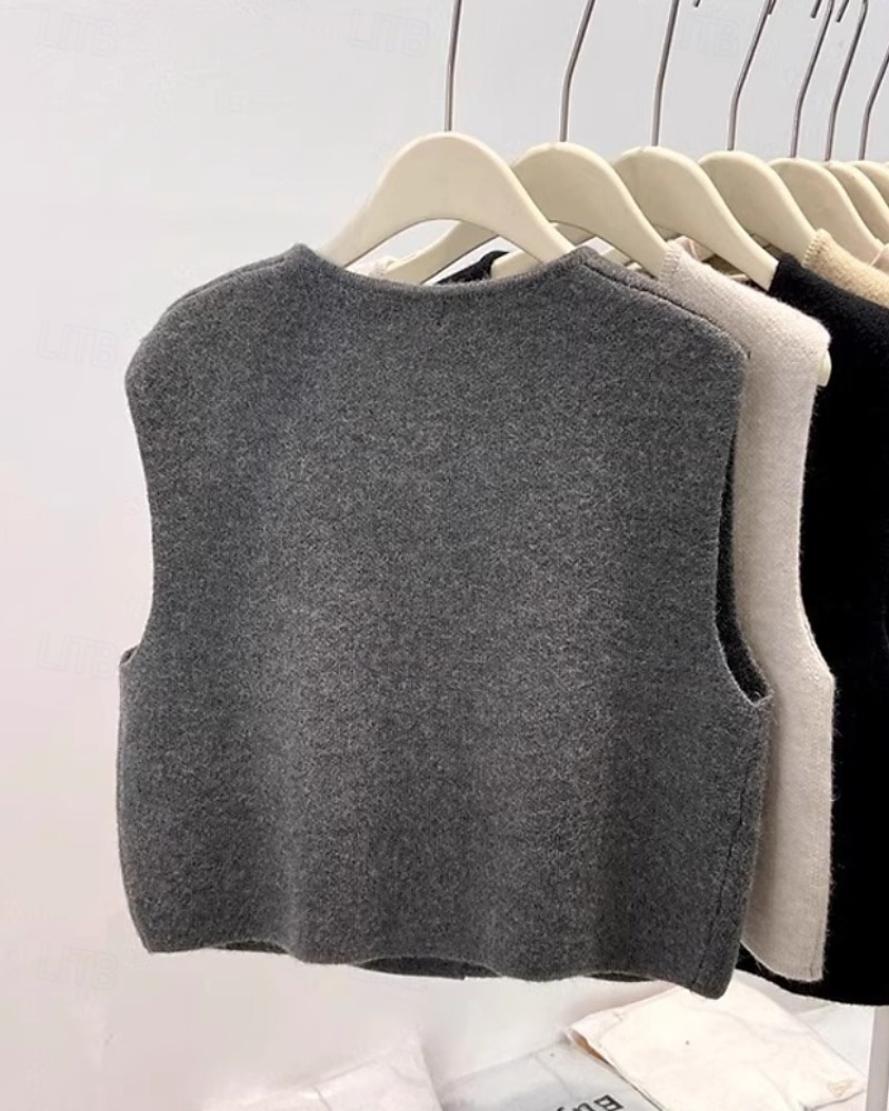 Pentru femei Pulover Vestă pulover Șic Stradă Casual Culoare solidă Stil Nautic Nasturi Tricotat Fără manșon Topuri obișnuite Tricotat Zilnic Concediu Sfârșit de săptămână Negru Caisă Toamnă Iarnă 2026 - $27.99 –P5