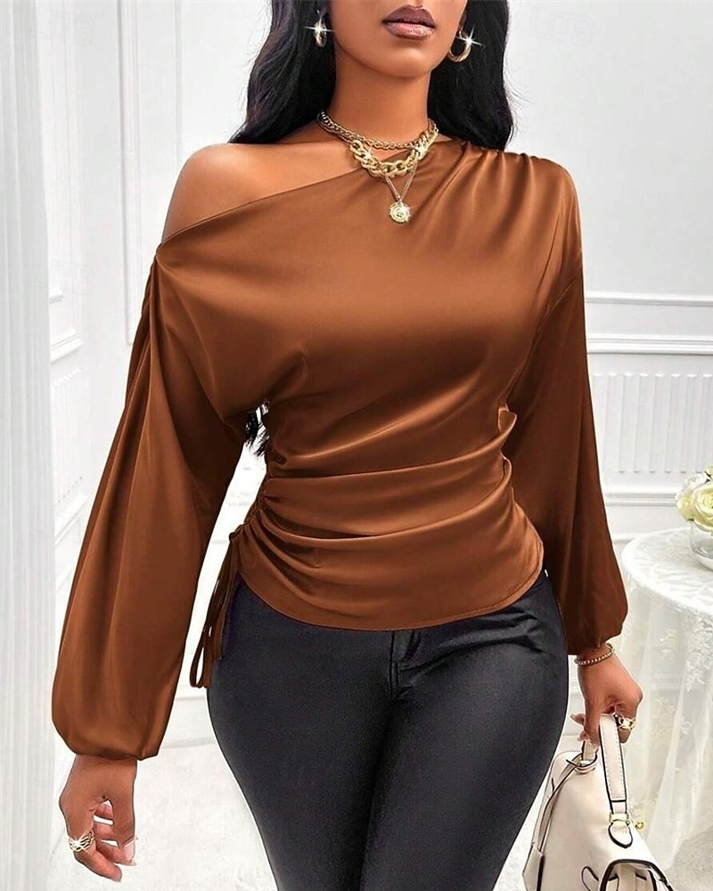 Dames Overhemd Elegant Chic Satijn Effen Elegant Stijlvol Basic Lange mouw koude schouder Normale tops Dagelijks Uitgaan Asymmetrisch Zwart blauw Bruin Groen Zomer Lente Herfst 2025 - $25.99 –P7