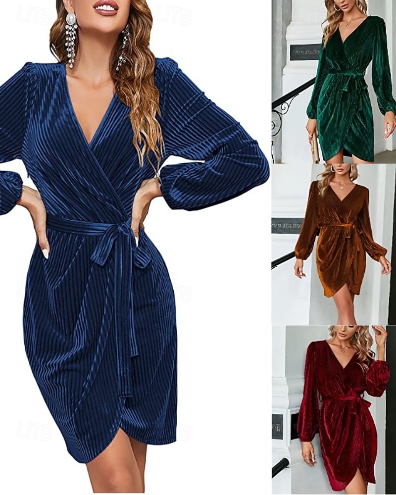 Damen Minikleid Samtkleid Partykleid Elegant Modern Party Abendgesellschaft Ferien Normale Passform Einfach Langarm V Ausschnitt Wein Dunkelgrün Braun Herbst Winter 2025 - $31.99 –P1