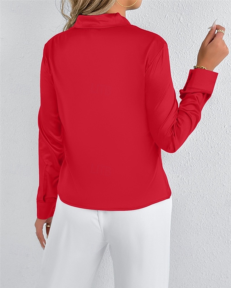Per donna Camicia Camicia in raso Tinta unica Elegante Casual Manica Lunga Scollo a V Top Regolari Quotidiano Uscire Nodo frontale Rosa Rosso Primavera Autunno del 2025 a $18.99 –P12
