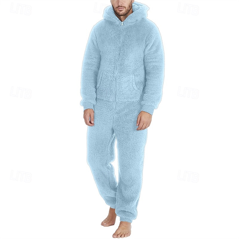 Men's Loungewear Bodysuits Sleepwear 1 PC Plain Warm Fashion Stylish Home Daily Bed Sherpa Polar Fleece Thermal Warm Comfort Soft Hoodie Long Sleeve Pocket Fall Winter Light Pink Black 2026 - $46.99 –P12