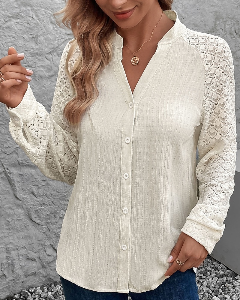 2025年 女性用 シャツ レースシャツ ブラウス 平織り 近代の 長袖 Ｖネック レギュラートップス 日常 祝日 お出かけ レース パッチワーク アプリコット 秋  コレクション – $21.99 –P5