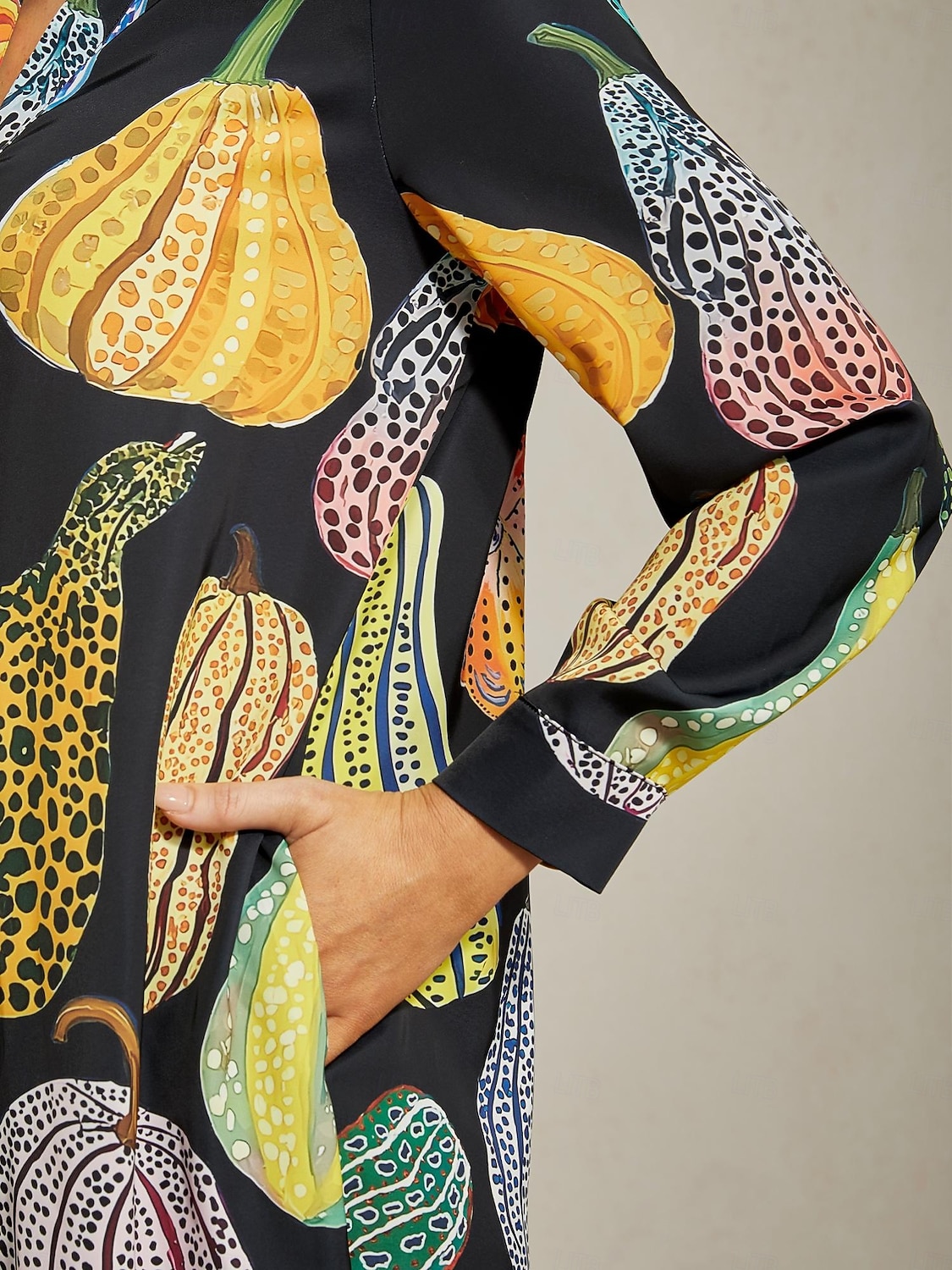 Women's Black Pumpkin Print Shirt Dress V Neck Loose Fit Asymmetrical Hem Split Design Elegant Stylish Daily Work Party Fall 2025 - $97.99 –P4