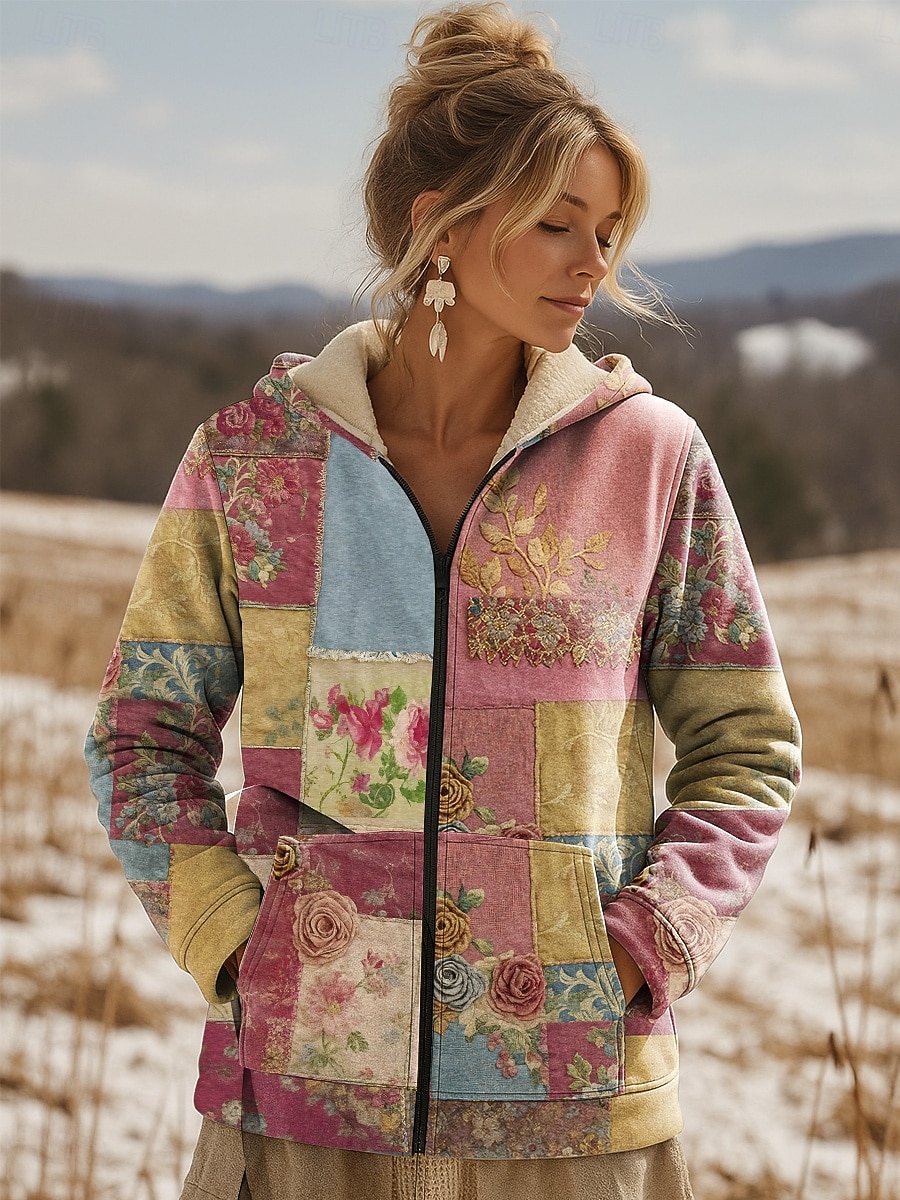 Felpa con cappuccio per donna maglione floreale casual a maniche lunghe normali cappuccio top casual sportivo con tasca verde chiaro rosa khaki autunno inverno del 2026 a $51.99 –P3