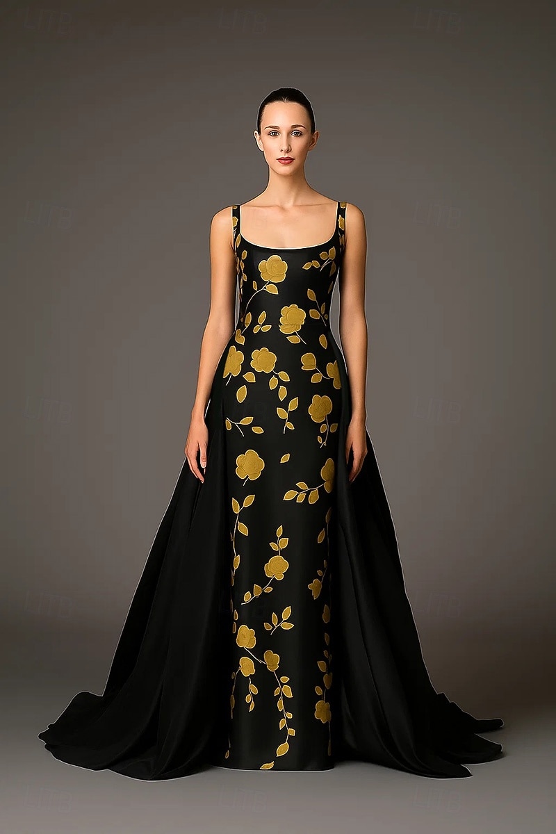Abendkleid in A-Linie mit Blumenmuster in Schwarz und Gold, elegantes Abendkleid für formelle Hochzeiten, Schleppe, ärmellos, quadratischer Ausschnitt, Tasche, Stretch-Satin mit Überrock 2025 2025 - $164.99 –P1