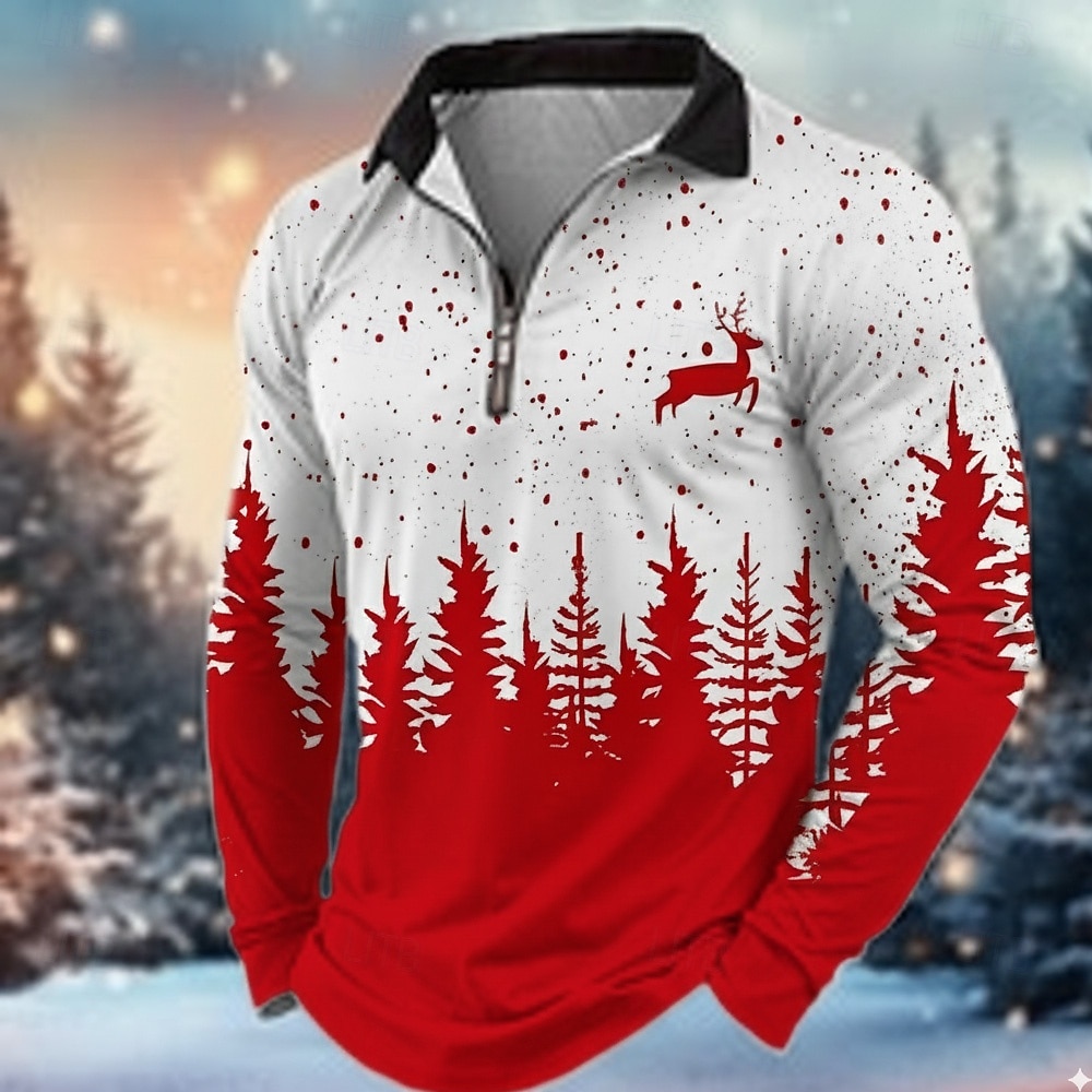 Natale Per uomo Renna Polo Manica Lunga Collo ripiegato Moderno Tempo libero Sport & Outdoor Athleisure Festival Cerniera Stampa 3D Primavera Autunno Inverno Blu Nero Rosso del 2026 a $10.99 –P1