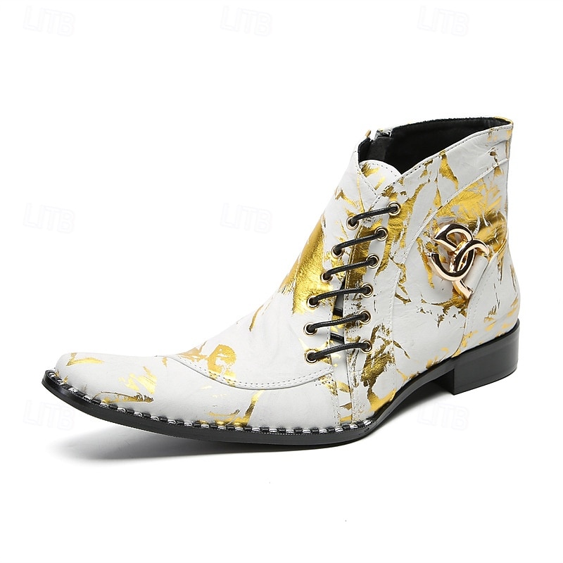 stivali western da uomo con motivo floreale bianco e design allacciato: calzature di tendenza per uomini alla moda, perfette per feste e spettacoli del 2025 a $129.99 –P1