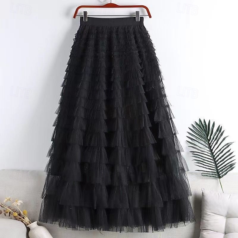 Femmes Jupe Trapèze Élégant Mode Occasionnel Maxi Taille haute Jupes Uni Superposé Micro-Élastique Soirée Rue Vin Noir Blanche Rose Printemps Chiffon Tulle de 2025 ? $29.99 –P3