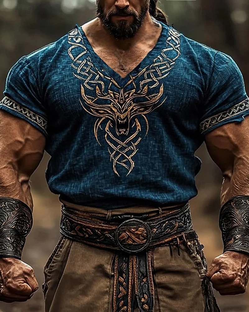 Men's T Shirt Tee Short Sleeve Shirt Tee Top Short Sleeve V Neck Summer Viking Tree Of Life Yggdrasil Vintage Designer Ethnic Style Print Vacation Street Going out Blue Khaki Dark Blue Top Tee for Men 2026 - $19.49 –P2