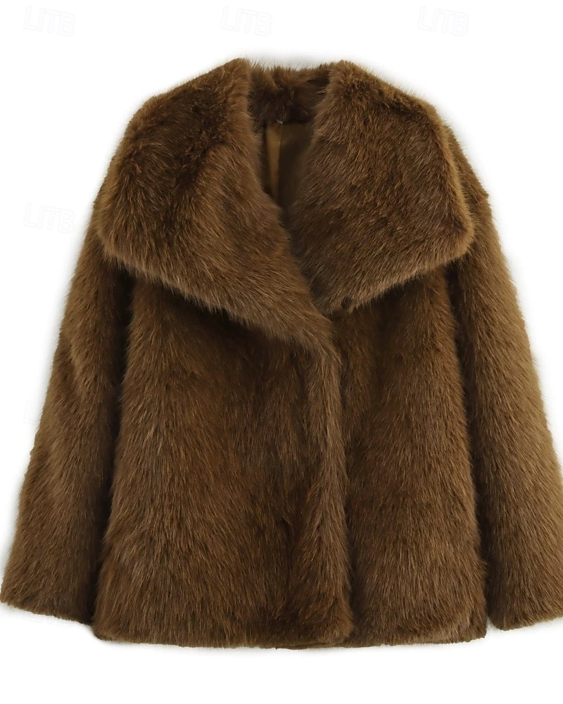 Damen Kunstpelzmantel Warm Bequem Pelze & Leder Lässig Einfach Straße Ferien Ausgehen Wochenende Regulär Umlegekragen Normale Passform Langarm Oberbekleidung Kaffee Herbst Winter 2025 - $52.99 –P2