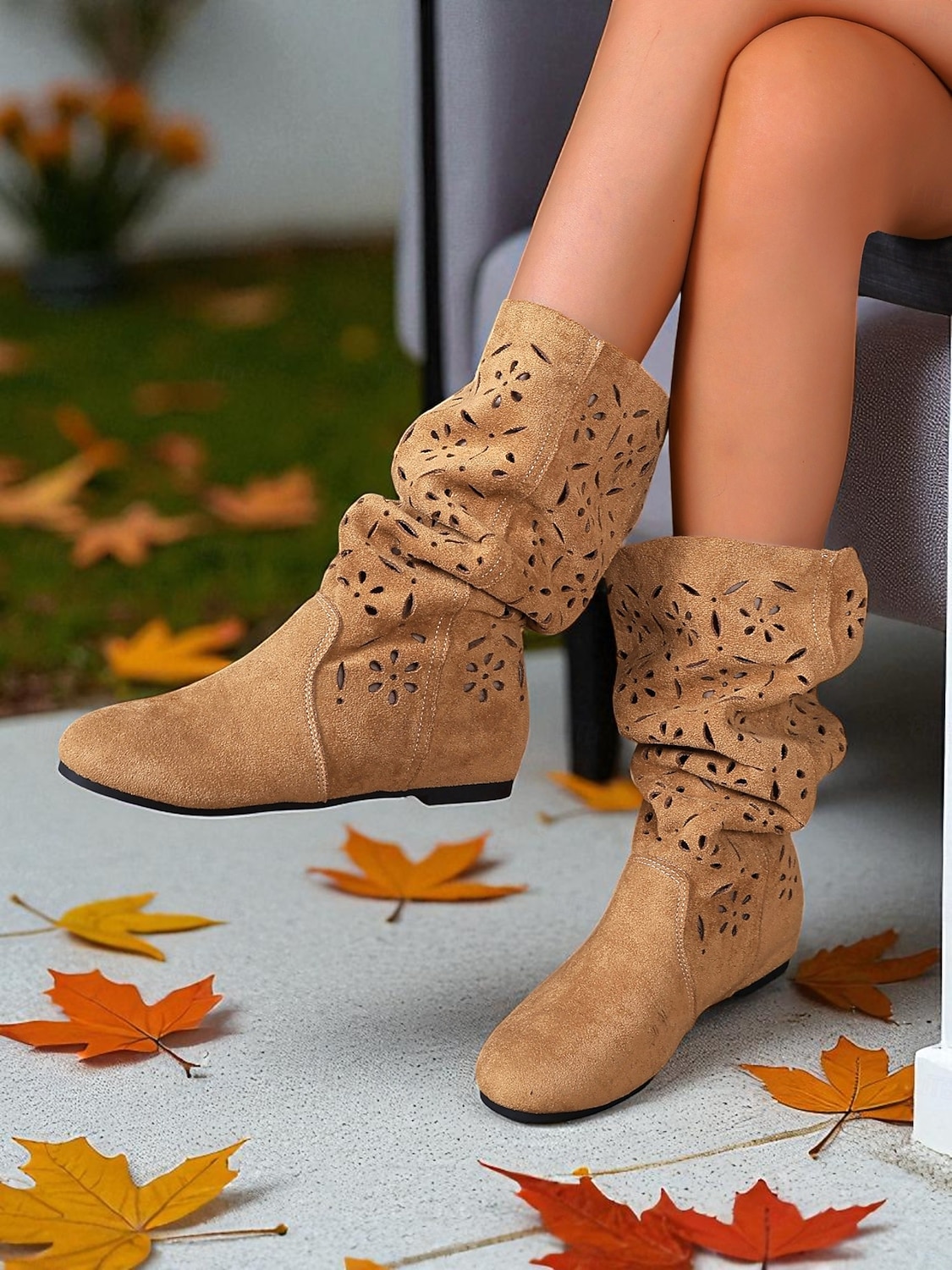 Women's Slouchy Mid-Calf Boots with Floral Cutout Design, Casual Boho Style for Autumn Street and Everyday Wear 2025 - $42.99 –P2