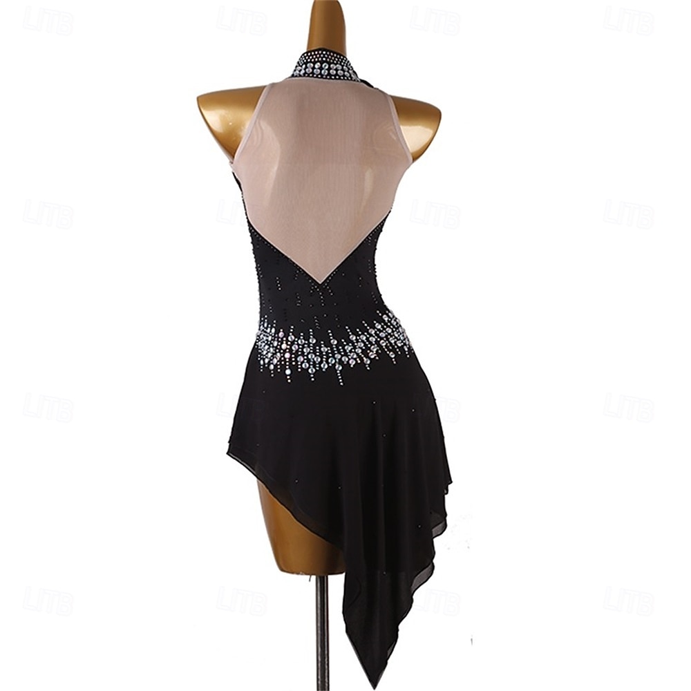 Figure Skating Dress Girls' Ice Skating Dress Black Patchwork Asymmetric Hem Stretchy Training Competition Skating Wear Classic Crystal / Rhinestone Sleeveless Ice Skating Figure Skating 2026 - $201.89 –P4
