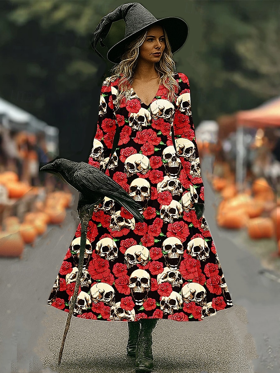 Halloween Dam Maxiklänning A linjeklänning Semester Ledigt Boho Strand Normal Blommig Grafisk Långärmad V-hals Mörklila Svart Rodnande Rosa Vin Vår Höst 2025 - $14.99 –P4